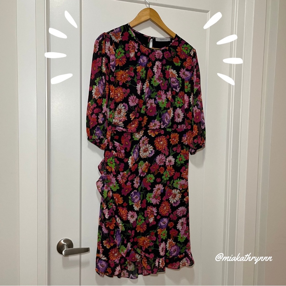 MARELLA - Deep Fuchsia - Floral Ruffle - Long-Sleeve Dress - Women’s 10